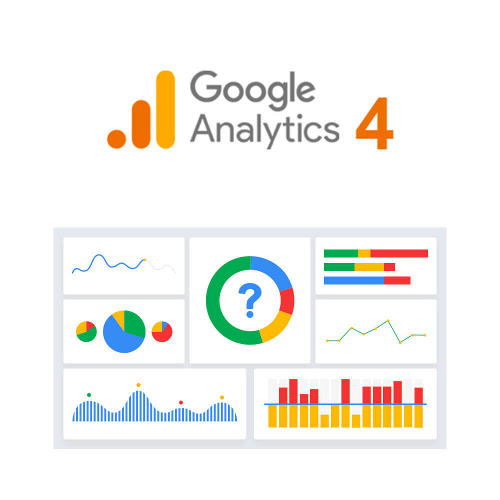 Illustration de Google Analytics 4 avec des graphiques de suivi du trafic et des performances d’un site internet