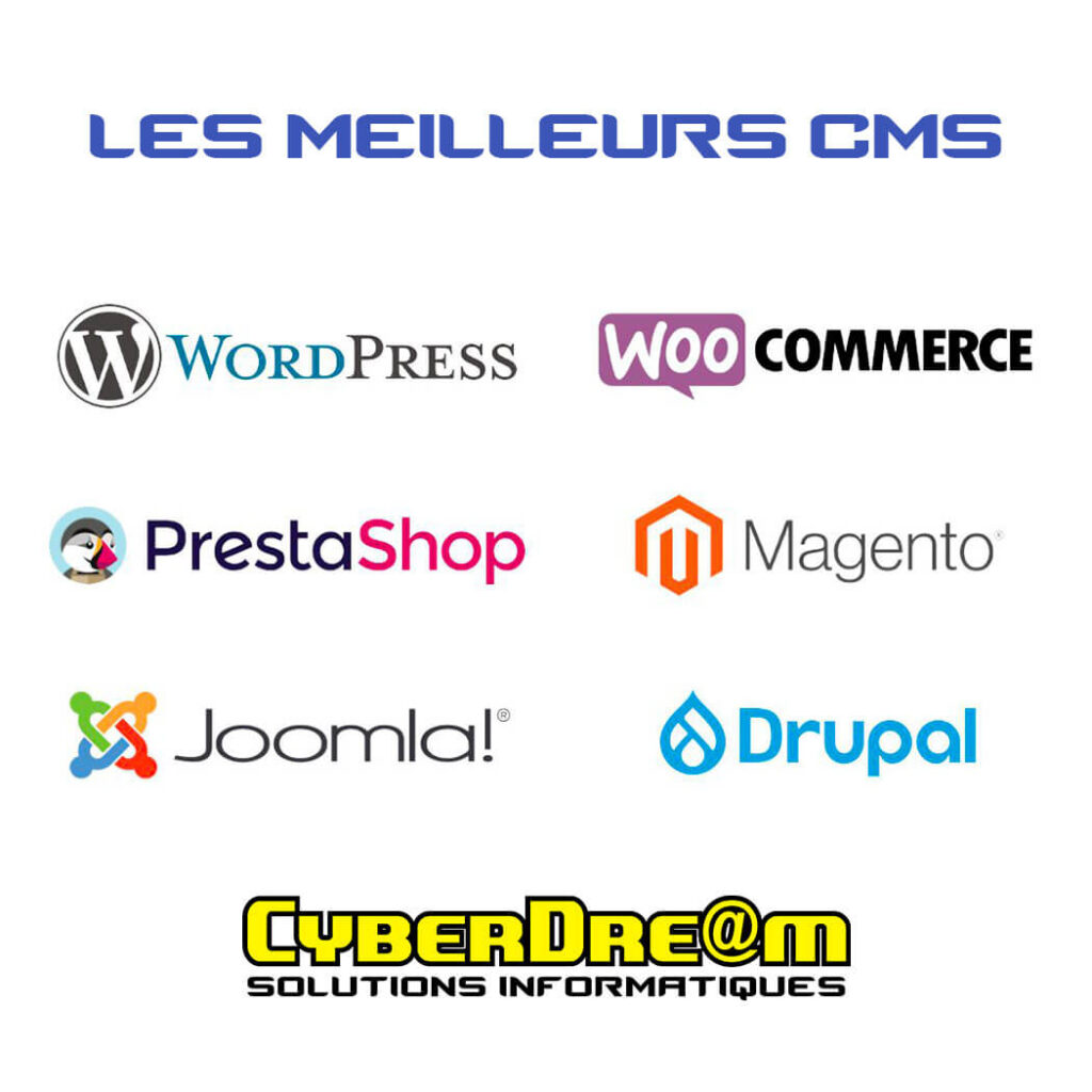 Logos de plusieurs CMS et solutions e-commerce utilisés pour la création de sites internet, dont WordPress, WooCommerce, PrestaShop, Joomla, Magento et Drupal